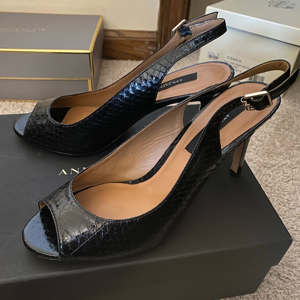 Ann Taylor Perfect Peeptoe Sling Black Snakeskin Size 7 Brand New
